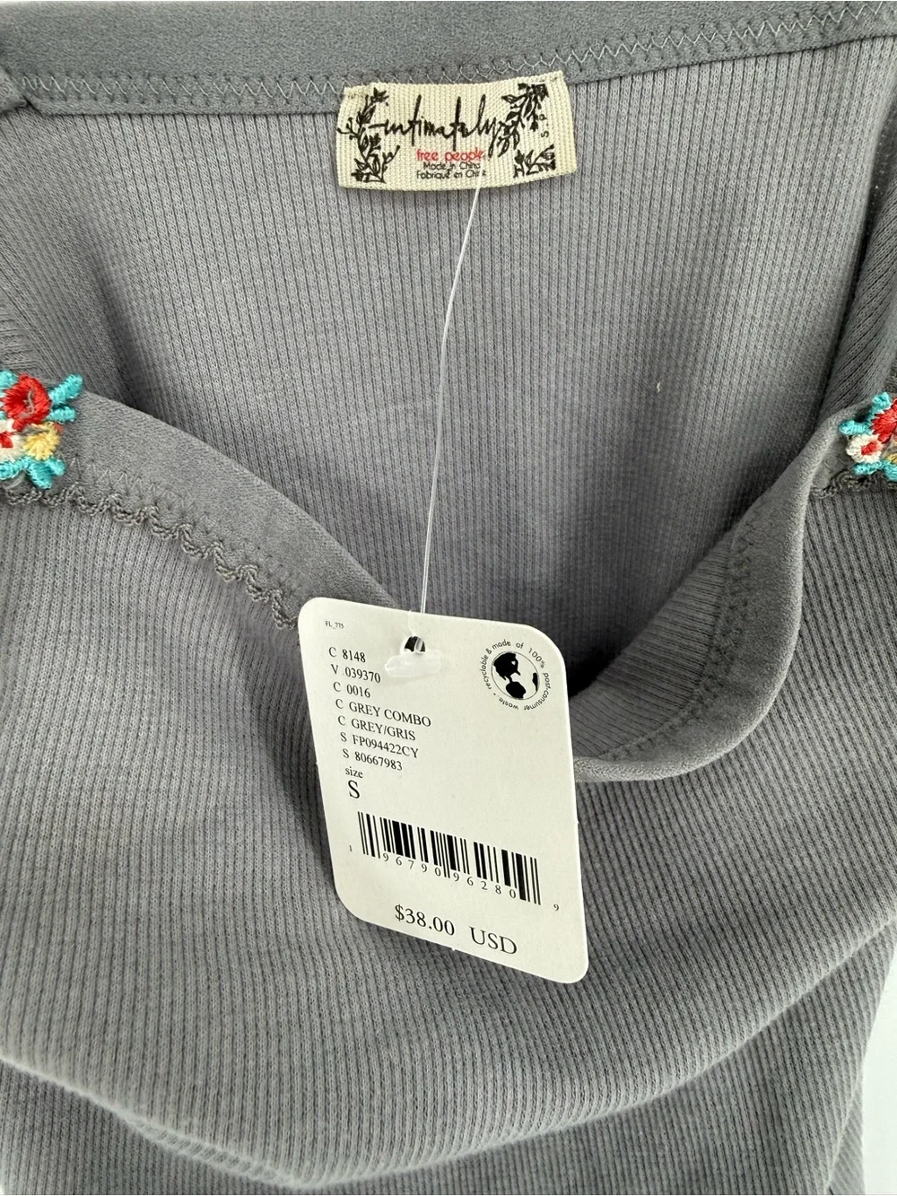 NWT Intimately Free People Gray Ribbed Floral Cami Tank Top Size S